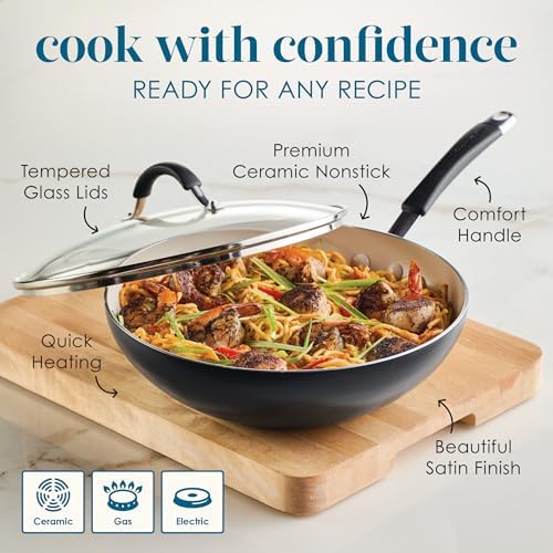 Rachael Ray Cucina Ceramic Nonstick Stir Fry Pan and Lid, 11 Inch Non Stick Wok Pan, Dishwasher Safe - Peppercorn - Thumbnail 4