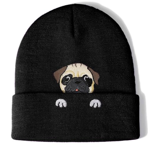 Pug Beanie Hat Gifts for Women Men Pug Lovers Dog Mom Dad Gifts Funny Cute Pug Animals Stuff Pug Christmas Birthday Decorations Black Pug