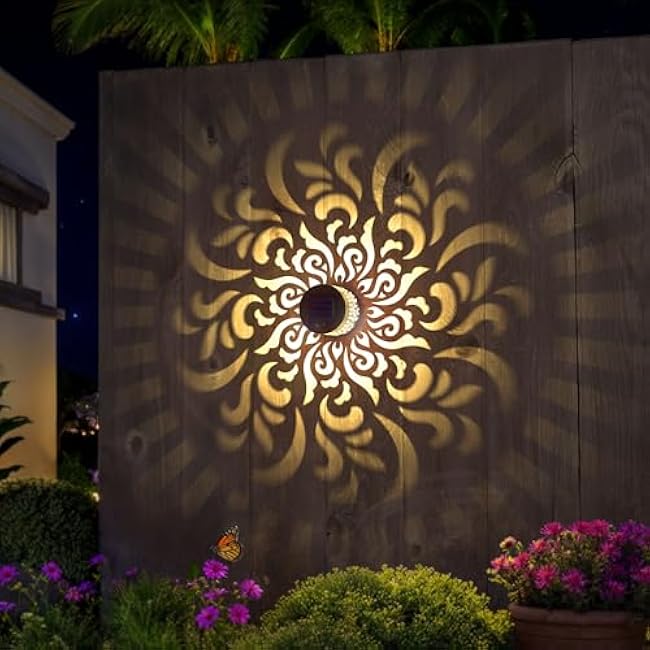 Solar Fence Lights 2 Pack Outdoor Deck Step Wall Lights Metal Waterproof LED Warm Yellow Light for Garden Post Patio Backyard Yard Decor(Mandala-5)