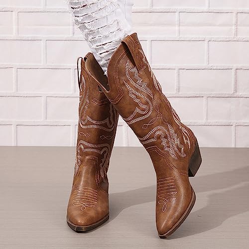 Image of Women's Cowboy Boots Mid Calf Pointed Toe Embroidered Chunky Block Heel | Western style mid-calf boots, breathable lining, all-day comfort,for jeans /dresses,concerts, daily wear, travel.
