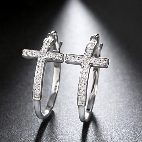 Uprimor Simple Medium Average Size 30Mm(1.25 In) Cz Diamond Cross Hoop Earrings, Hypoallergenic, Platinum Plated #TOP1