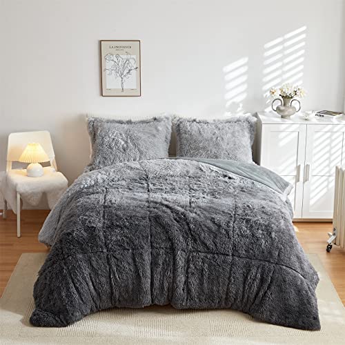 Wajade Plush Shaggy Ombre Grey Comforter Set, 3 Pieces Full/ Queen Luxury Ultra Soft Faux Fur Bedding Set Fluffy Fuzzy Velvet Warm Comforter Set With Matching Shams #TOP3