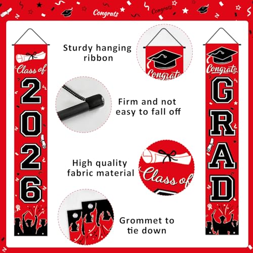 Image of Graduation Decorations 2026 Porch Banner, Congrats Grad Class of 2026 Banner, Red and Black Graduation Banner Class of 2026 for Any Schools or Grades Party Favor