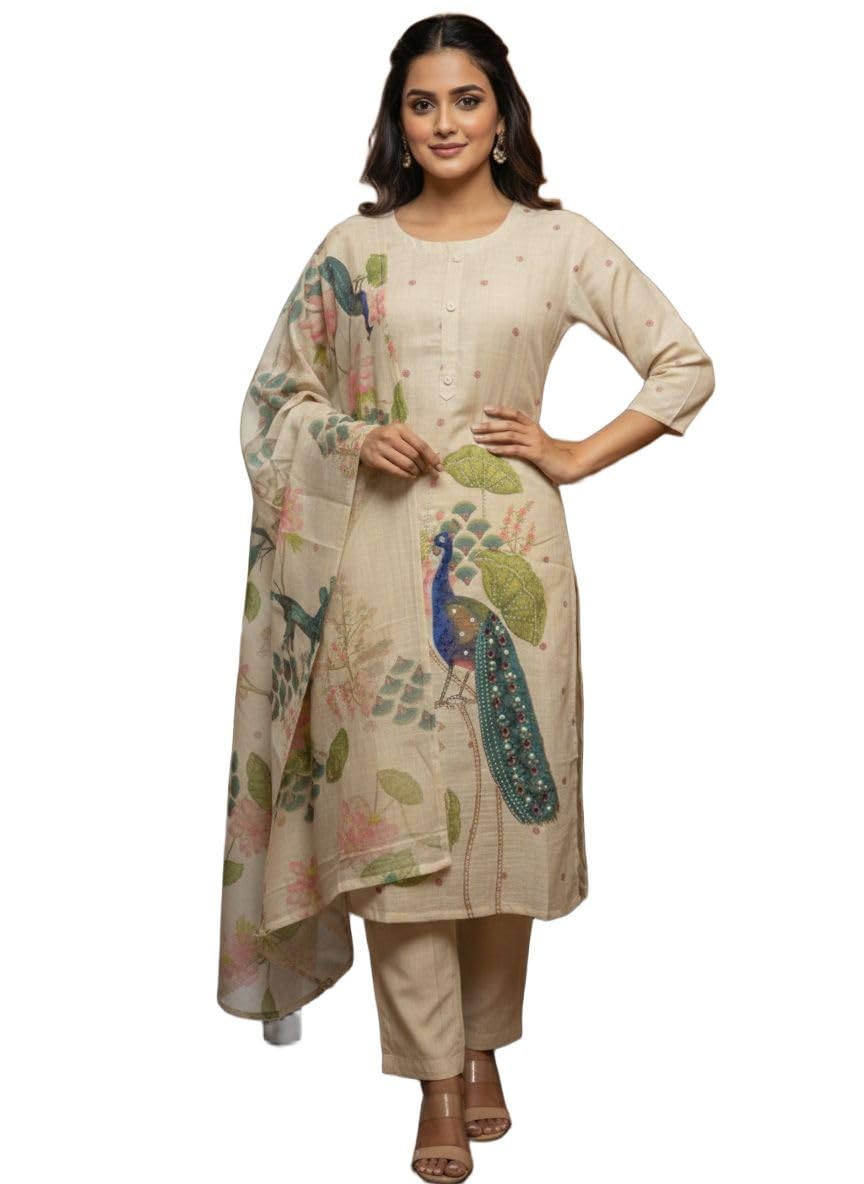 Women's Elegant Beige Digital Print Kurta Set with Peacock Motif, Floral Embellishments and Coordinated Dupatta, Traditional Ethnic Wear-picture-31