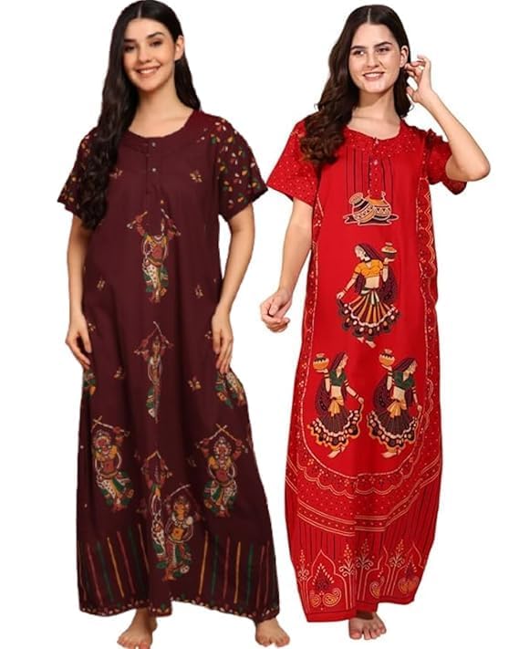 Image of PITINAN Pure Cotton Embroidered Nighty for Women | Maxi Night Gown | Jaipuri Cotton Nightdress with Pocket & Adjustable Knot | Comfortable Sleepwear