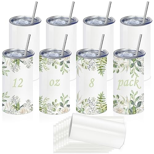 AiHeart 12oz Sublimation Straight Skinny Tumblers,8pack Sublimation Stainless Steel Blanks Bulk,Double Wall Vacuum Tumblers with Shrink Wrap Films and Straws,Great DIY Gift for Kid and Toddler