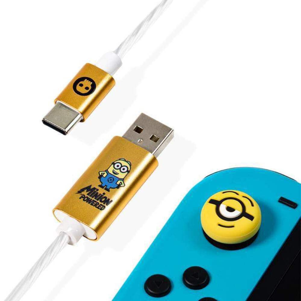 Numskull Official Minions LED USB Type-C Cable 1.5m Fast Charging Lead Thumb Stick Grips for Nintendo Switch Controller
