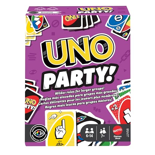 Mattel Games UNO Party, jogo de cartas com baralho e regras especiais para grandes grupos, crianças, adultos e noites em família, de 6 a 14 jogadores, a partir dos 7 anos, JJV58