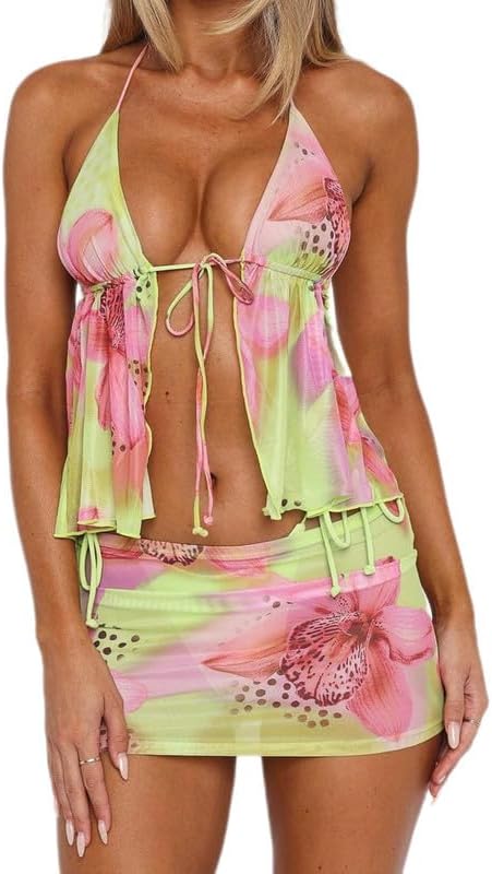 Argeousgor Women Y2k 2 Piece Mini Skirt Set Cute Halter Tank Top Low Waist Short Skirt Boho Summer Beach Going Out Outfits