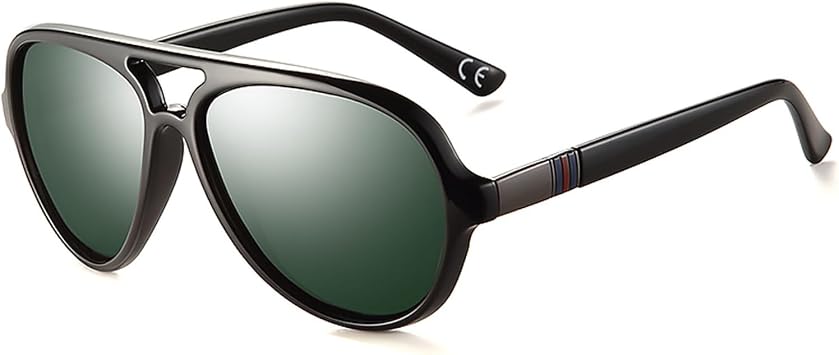 Aviator Sunglasses For Men Polarized Lens Plastic Lightweight Double Bridge Frame UV Protection For Driving Shiny Black Frame/G15 Lens