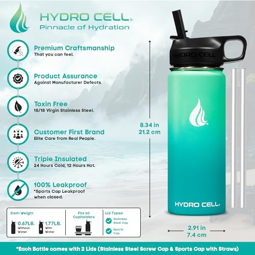 Image of HYDRO CELL Stainless Steel Insulated Water Bottle with Straw - For Cold & Hot Drinks - Metal Vacuum Flask with Screw Cap and Modern Leakproof Sport Thermos for Adults (Mint /Green 18oz)