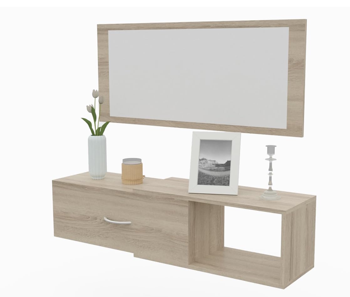 DORMIDAN- Mueble recibidor con cajón más Espejo, 1m de Ancho, (Roble)