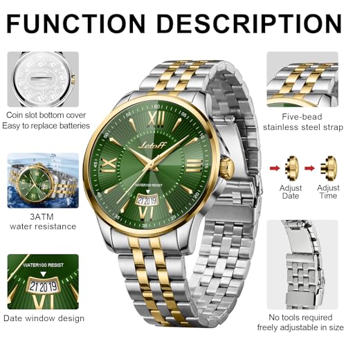 Image of Letoff Men's Analog Watch,Tool-Free Adjustable Clasp, Water Resistant 100ft, Roman Numeral Dial, Stainless Steel Case & Strap, Perfect for Business & Casual Wear