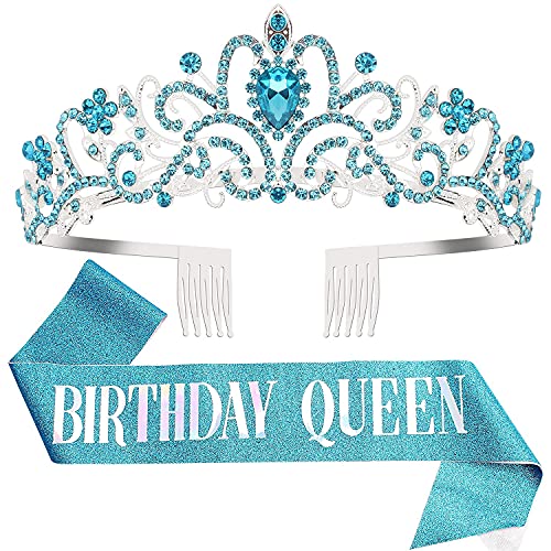 Birthday Queen Sash & Crystal Tiara Kit COCIDE Birthday Tiaras and Crowns for Women Sashes for Women Blue Decorations Set Rhinestone Headband Hair Accessories Glitter Sash for Party