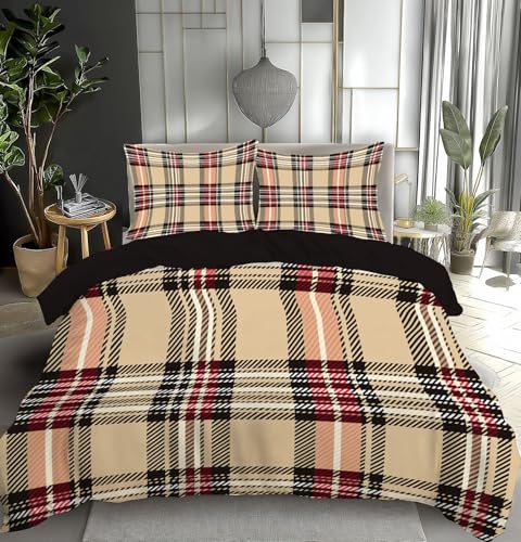 Housse de couette 200x200 beige marron géométrique plaid avec zip