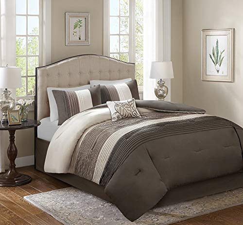 Comfort Spaces Windsor 5 Piece Full/Queen Comforter Pintuck Pleated Striped Pattern Ruffled Patchwork Down Alternative Bedding Sets, Khaki/Brown/Ivory