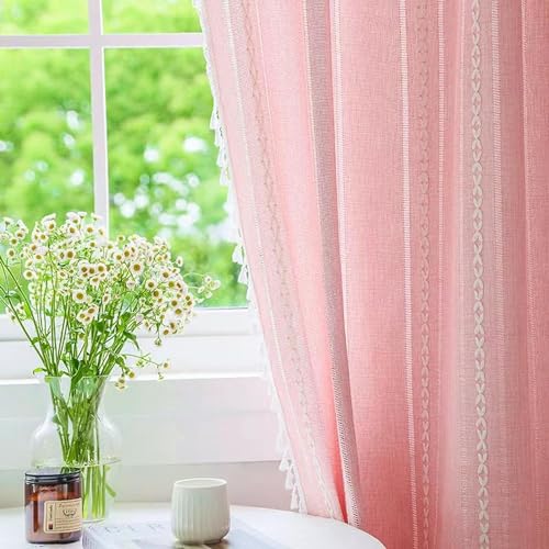 Deeprove Pink Boho Linen Curtains 63 inches Length for Baby