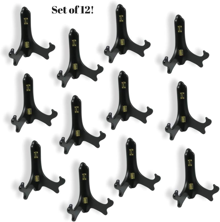 BANBERRY DESIGNS Black Wooden Easels Premium Quality - Folding Display Stand - 7" H - Set of 12 Easels - Ideal for Medium Sized Plates Plaques Books Tiles