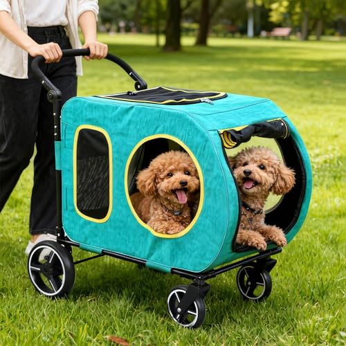 2025 Upgraded Dog Stroller for Large &amp; Medium Dogs，Pet Stroller for 2 Small Dogs, Foldable Jogger Wagon with Detachable Carrier for Car Seat, Adjustable Handle, Up to 90 lbs, Blue