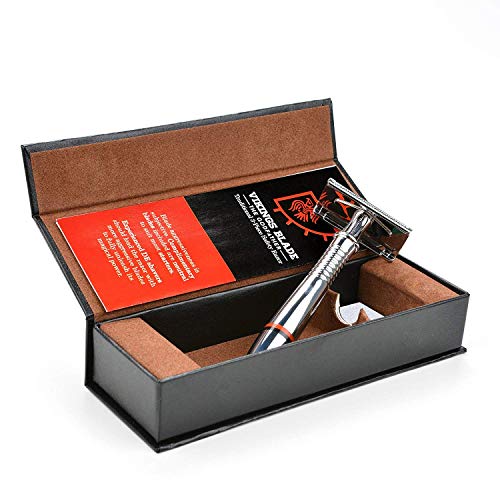 Double Edge Safety Razor By Vikings Blade, Long Handle, Swedish Steel Blades Pack + Luxury Case. Traditional 3 Piece, Heavy Duty, Reduces Razor Burn, Smooth, Close, Clean Shave (Model: The Godfather) #TOP3