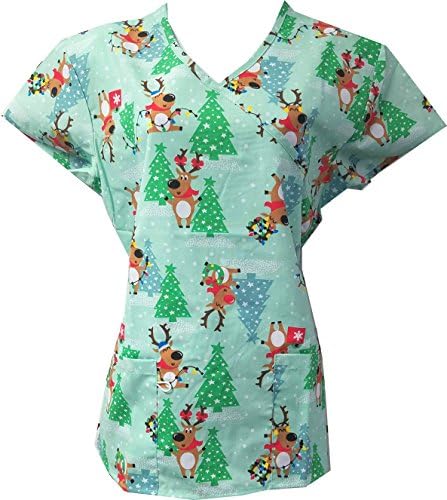 Christmas Scrub Tops Holiday Prints Sizes XS-4XL Medical Nursing NWT (2X, Reindeer)