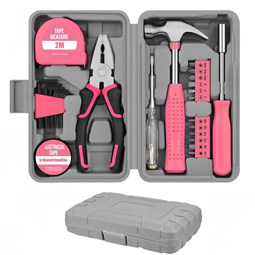 24 Pcs Pink Tool Kit For Women - Portable Home Tool Set With Storage Box | Essential Mini Hand Tools For Repairs & Maintenance At Home, Office, School, Garage
