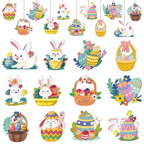 24PCS Easter Wooden Hanging Ornaments – Colourful Egg & Bunny Decorations with Hemp Ropes, Rustic Vintage Style for Easter Tree, Home Décor, Crafts & DIY Projects