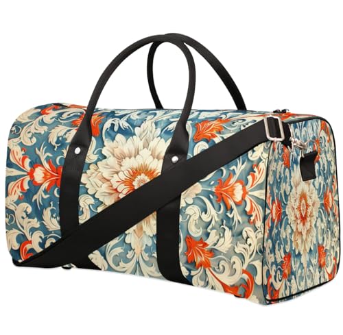 Travel Duffle Bag Orange Floral Pattern Foldable Travel Bags for Men Women, 17 Inch Gym Bag Workout Bag Carry on Weekender Overnight Bag for Gym Travel