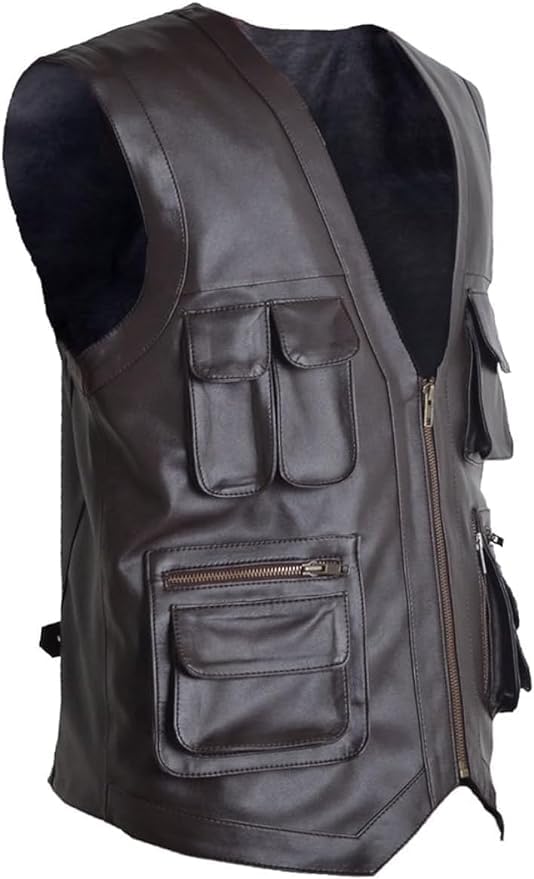 A-star plus Men's J World's Chris Pratt Owen Grady Brown Vest JW Adventure Motorcycle Leather Biker Vest (US, Alpha, X-Large, Regular, Regular, Brown)