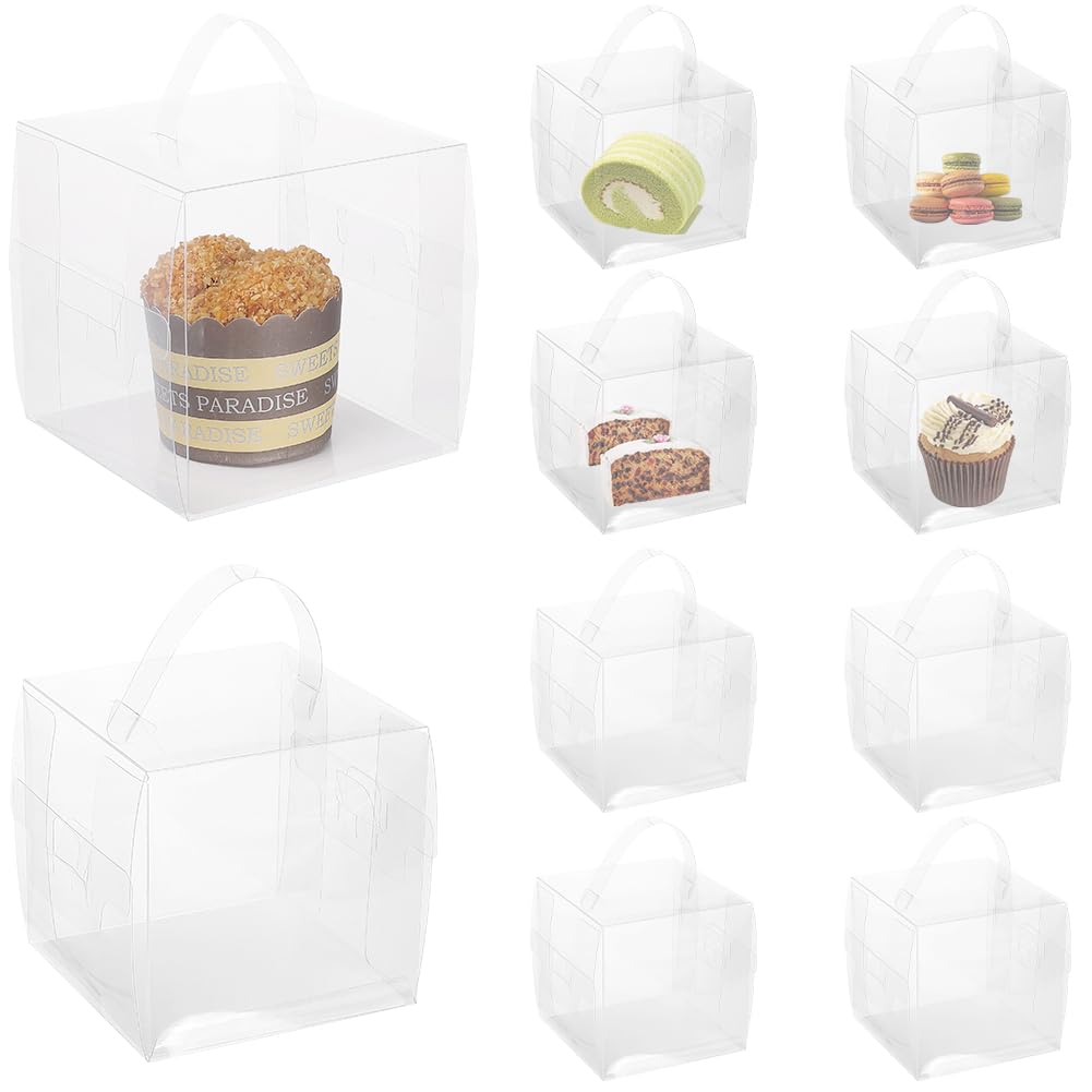 CRASPIRE 10Pcs Clear Cake Boxes 4.3 x 4.3 x 4.3” with Handle Cake Boards Plastic Small Transparent Cake Holder Carriers Portable Gift Box for Dessert