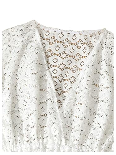 WDIRARA Girl's Sheer Hollow Out V Neck Cover Up Short Sleeve Beach Dress Coverups3