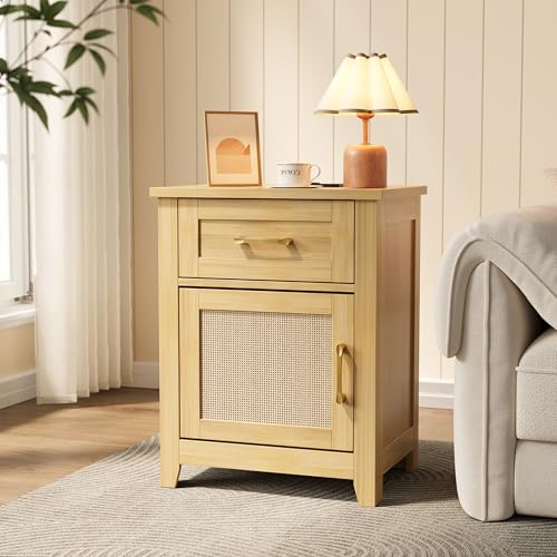 Image of Decofy Rattan Nightstand with Charging Station, Modern End Tables with Storage and One Drawers, Outlets, USB Ports and Type-C Ports, Wood Nightstands for Bedroom, Dorm and Small Spaces Oak