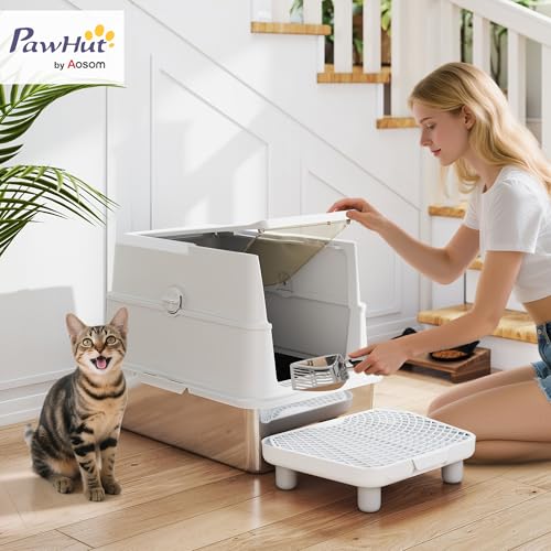 Arenero metálico PawHut XL con tapa para gatos grandes miniatura 2