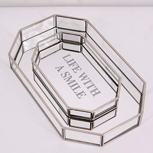 YART Glass Tray Mirror Sliver Metal Frame Ornate Set of 2 W12 W8 Inch Display Storage Perfume, Jewelry Cosmetics Makeup Magazine Fruit Food Serving Decorative for Vanity Dresser Bathroom Bedroom