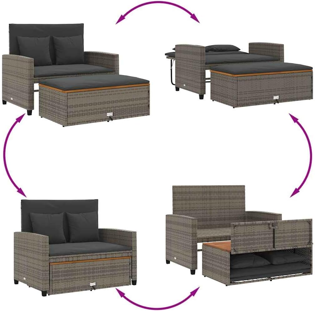 2-Person Outdoor Garden Sofa, PE Wicker Patio Loveseat with Acacia Wood Accents and Powder-Coated Steel Frame, Modern Grey Furniture for Backyard Terrace