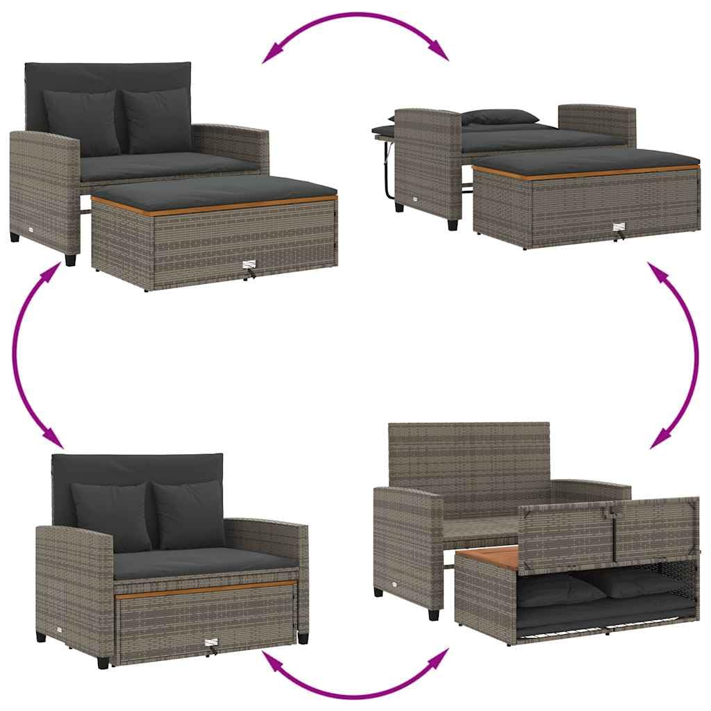 Sofá de jardín de 2 plazas gris de ratán sintético con madera de acacia y cojines, banco para exteriores con respaldo ajustable y taburete, cómodo sofá cama para terraza, fácil de limpiar