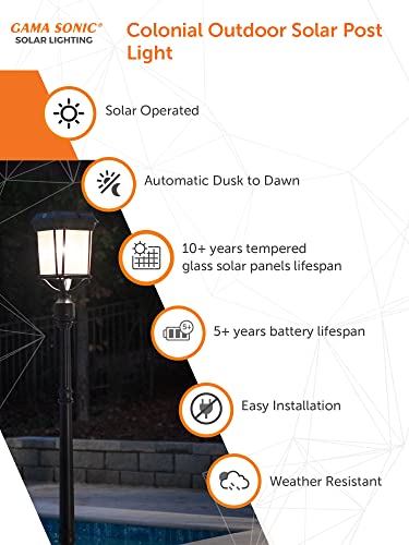 Gama Sonic Colonial Outdoor Solar Post Light, Black Aluminum, 2700K Warm Led Light, 3-Inch Fitter For Lamp Posts Or Pier Mount (Sold Separately) 180012 #TOP3