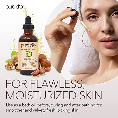 Pura D'or Organic Vitamin E Oil Blend 70,000 Iu (4Oz / 118Ml) 100% Natural Hexane Free, Sweet Almond, Apricot, Jojoba, Argan, Rosehip, Sunflower & Avocado Bath Oil For Scars, Skin, Face & Full Body #TOP3