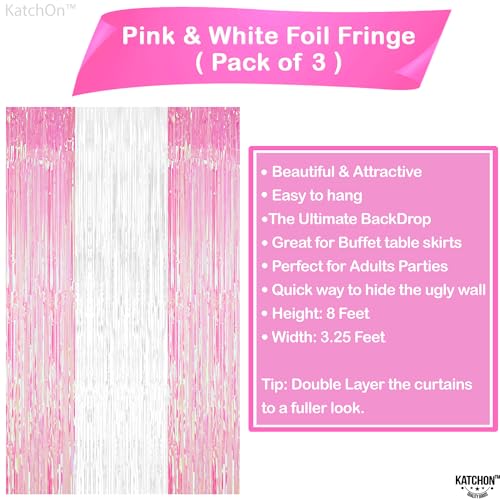 Image of KatchOn, Xtralarge White and Pink Backdrop - 3.2x8 Feet, Pack of 3 | Pink and White Streamers for Bridal Shower, Gender Reveal Decorations, Bachelorette Party Decoration | Valentines Day Decorations
