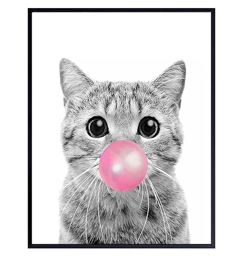 Image of Tabby cat Wall Art 11x14 - Cute Cat Nursery Wall Decor for Girls Bedroom, Kids Room - Pink Girly Kitty, PussyCat, Kitten Art - Cat Lover Gifts for Women - Adorable Cat Wall Art for Girl - Unframed