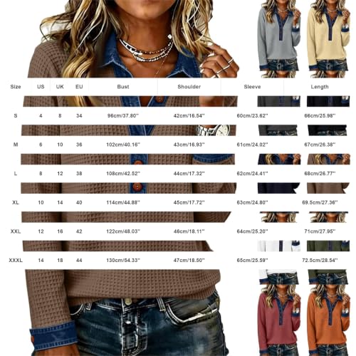 Waffle Knit Tops for Women Long Sleeve Denim Patchwork Fall Henley Shirts - image 5