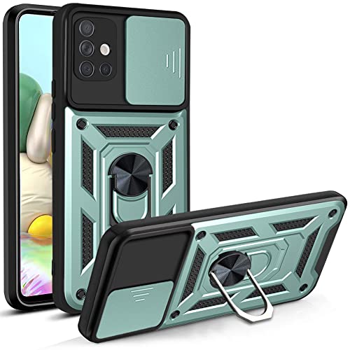 WBWONE Case for Samsung Galaxy A71, Shockproof TPU/PC Cover with 360° Rotating Ring Kickstand and Sliding Camera Cover, Anti-Scratch Phone Shell, Green