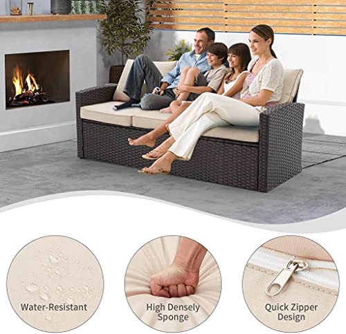 Image of DEVOKO Outdoor Patio Sectional Sofa Couch, Wicker Furniture Conversation Sets And Ottomans With Washable Cushions & Center Table For Garden, Poolside (Dark Brown And Cream, 7-Person Sofa)