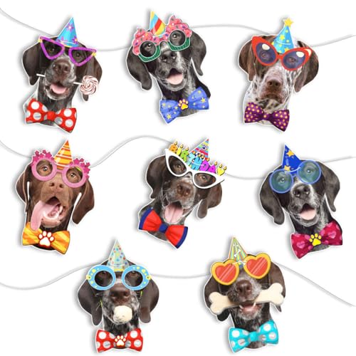 Image of German Shorthaired Pointer Dog Birthday Garland, Photographic GSP Faces Birthday Banner, Funny German Shorthaired Dog Bday Party Bunting Decoration