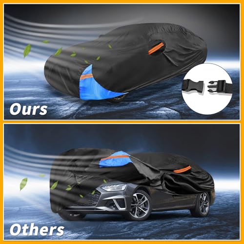 Image of Waterproof All-Weather Universal Car Cover with Right Side Zipper, 210D-PU Black Blue Fits for Sedan 177 inch to 185 inch Length