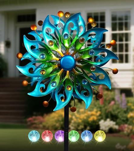 VUFOZ Solar Wind Spinners Outdoor – H63xW13 Metal Kinetic Garden Spinner with Crackle Glass Ball & Built-in...