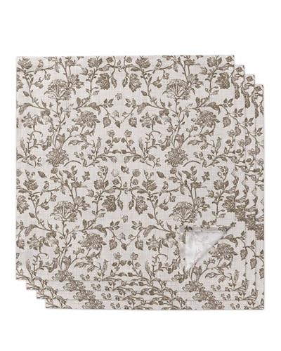 Farmhouse Brown Cloth Linen Dinner Napkins 4 Packs,Vintage Flower Leaf