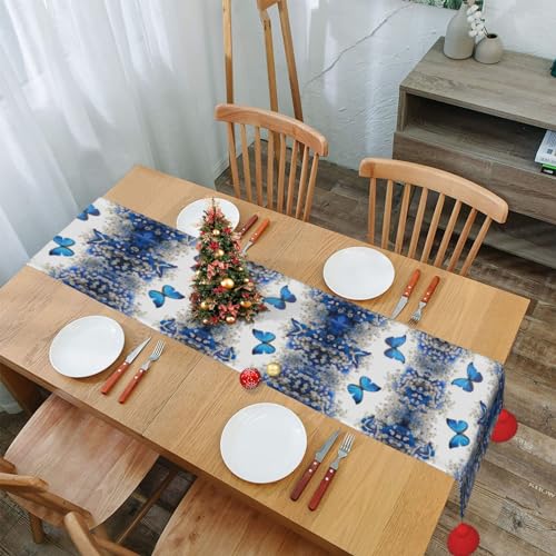 Chemin de table papillons bleus fleurs blanches déco table 152cm - 8