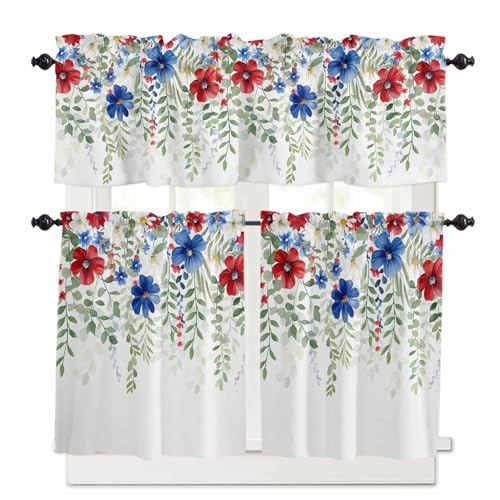 Red Blue Flowers 4th of July Kitchen Curtains 36 Inch Length,3 Piece Rod Pocket Small Half Tiers and Valance Set,Independence Day Botanical Small Large Window Treatment Decor for Bedroom/Bathroom