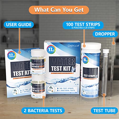 Comfort Hub WATER TEST KIT-17 In 1 Water Testing Kits For Drinking Water - Water Test Kit - Tap Well Home Water Quality Test - 100 Strips + 2 Bacteria Tests - Easy Testing For Ph Lead Hardness Iron Copper E.Coli And More! thumb #1